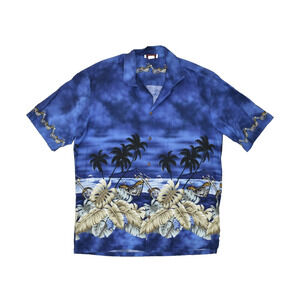 Pacific Legend Hawaii Blue Motorcycle & Palm Tree Hawaiian Shirt Size XL Cotton